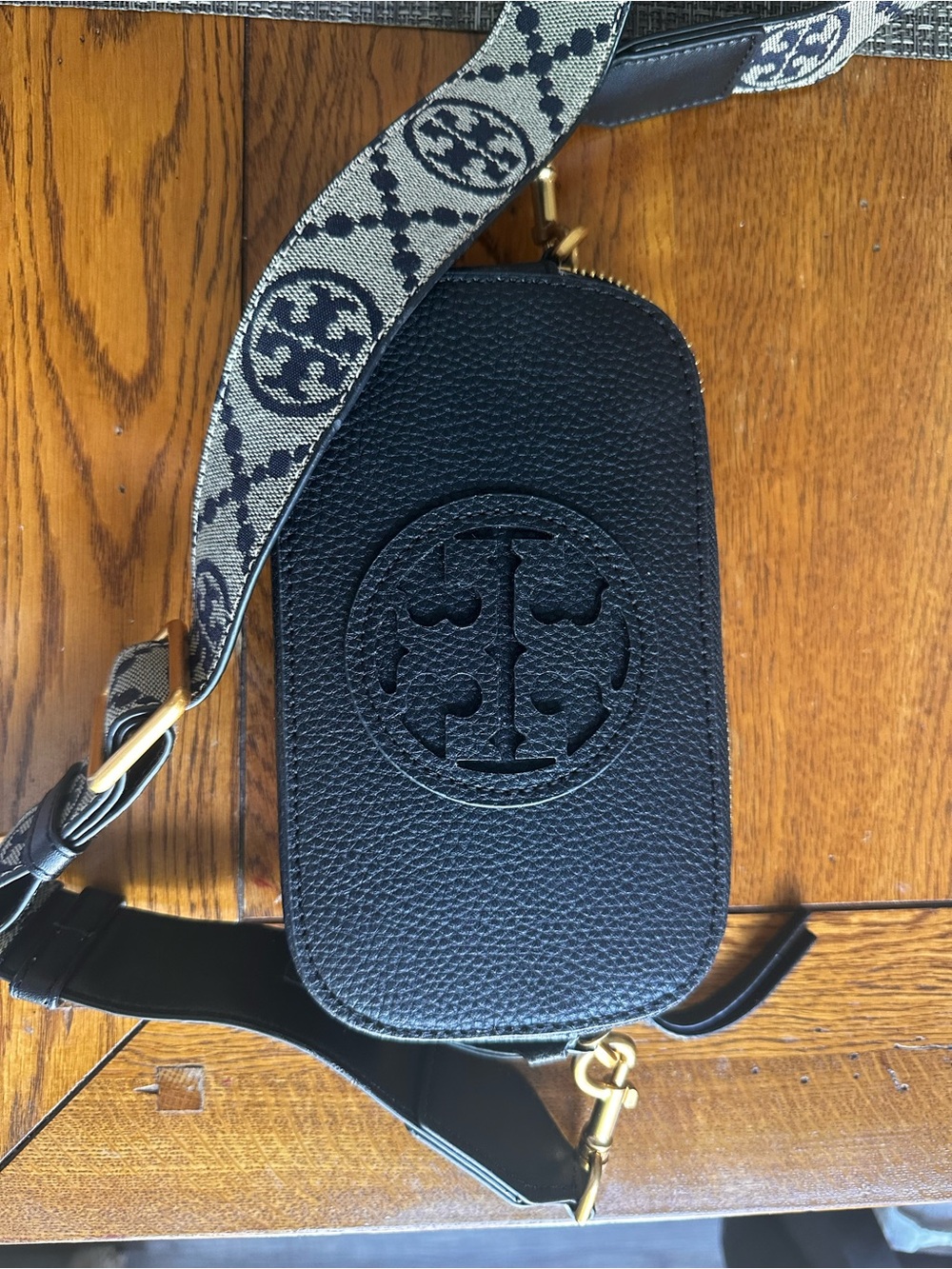 Inspired Tory Burch Black Pebbled Leather Camera Bag with Logo Jacquard Strap